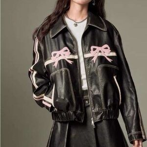 Black Leather Jacket with Pink Bow